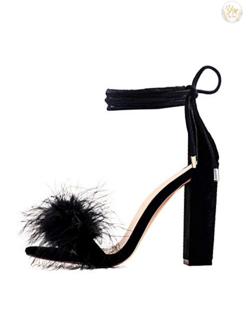 Women's Fuzzy Feather Strappy Heeled Sandals 4.5" Chunky Block Heel